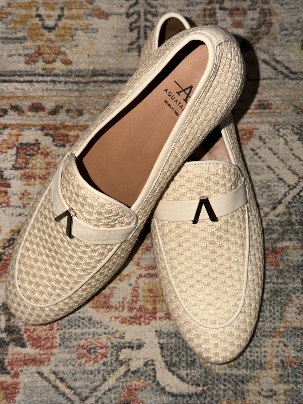 Aquatalia Cream Woven Leather Loafers with Metal Accent